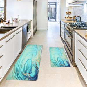 Set di 2 Tappetini da Cucina Antifatica in PVC Effetto Marmo Turchese e Oro, Antiscivolo, con Imbottitura in Schiuma, Nuovo Design - Product Image 2