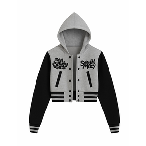 Blouson universitaire classique pour femme 'Still Woozy Saint Mercy' – Modèle hiver gris et noir à capuche pour le streetwear - Product Image 2