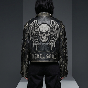 Custom Women Embroidery Skull Wing Leather <b>Jacket</b> Stud Distress Black <b>Punk</b> Biker Coat Wholesale Manufacturer Supply - Product Image 1