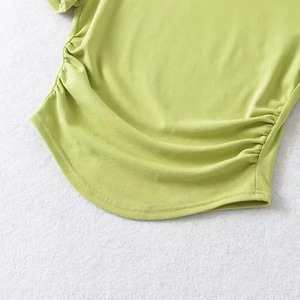 Camiseta Corta de Manga Corta con Cuello Redondo para Mujer, Ajustada, de Color Sólido, Tejida, Informal, Verde - Product Image 3
