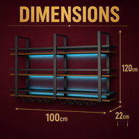 Porte-bouteilles mural avec éclairage LED, étagère à vin en métal et bois avec porte-verres pour bar à domicile, présentoir à 3 niveaux