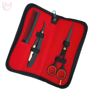 Ensemble professionnel de ciseaux de barbier noirs et rasoir droit en acier inoxydable, ciseaux de coupe de cheveux, outils de coiffure de salon, kit avec pochette - Product Image 1