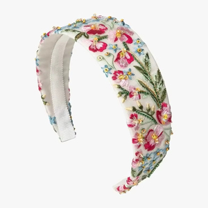 ที่คาดผมผ้าไหมปักลายซารีคุณภาพสูงสำหรับผู้หญิง สีขาว พร้อมแผ่นรอง สำหรับงานแต่งงาน งานปาร์ตี้ ประดับดอกไม้ - Product Image 1