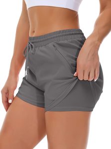 Shorts pour femmes en tissu tricoté rose uni avec cordon de serrage, séchage rapide, style sportif, coupe régulière, taille mi-haute, poches - Product Image 3