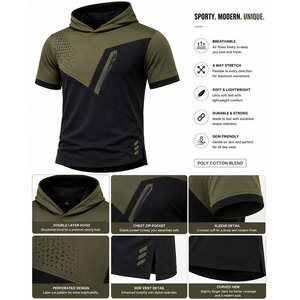Olive Green Color Men's <b>Hoodie</b> Front Slant Pocket Design Ergonomic Fit Handsome <b>Workout</b> Look Short Sleeve Custom Printing <b>Hoodie</b> - Product Image 3