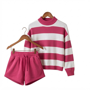 Women's 2 Piece Knitted <b>Set</b> <b>Sweater</b> Knee Shorts Solid Color Loose Fit Casual 100% Cotton Turtleneck Winter Wear - Product Image 1