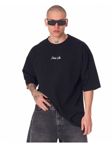 Men's Oversized Black T-Shirt With <b>White</b> Logo Print Street Style Short Sleeve O-Neck Cotton Jersey <b>Tee</b> - Product Image 1