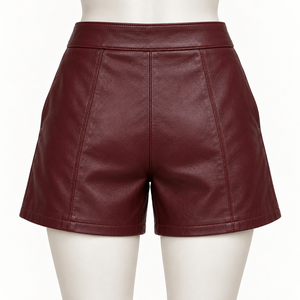 Custom Women High <b>Waist</b> PU Faux Leather Shorts Burgundy Wine Red Vegan Leather Short Pants With Pockets OEM Private Label Makers - Product Image 2