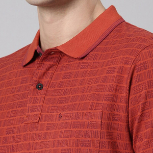 Polo à manches courtes pour homme, imprimé géométrique rouge, tricoté, respirant, style décontracté avec poche - Product Image 5