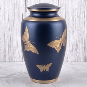 Urna Funeraria de Latón con Mariposas Azules y Doradas, Superficie Mate, para Cenizas Humanas, Recuerdo Funerario y Entierro - Product Image 1