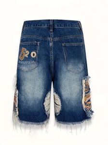 <b>Men's</b> Streetwear <b>Patch</b> Embroidery Chrome Heart Design Denim <b>Shorts</b> Knitted Breathable Windproof Mid Waist Button Fly - Product Image 3