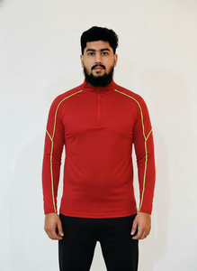 Camiseta Deportiva de Manga Corta con Cierre de Cremallera Roja para Hombre, Costuras en Amarillo en Contraste, Corte Regular, Ropa Deportiva de Verano, Protección UV, Transpirable - Product Image 5