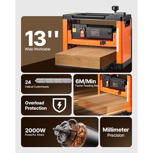 Pialla Elettrica da Banco per Lavorazione del Legno da 23 Pollici con Testa a Spirale, 24 Inserti, Motore da 2000W, Larghezza Piano di Lavoro 13 Pollici - Product Image 2