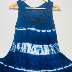 Túnica sin mangas estilo bohemio con cuello redondo y estampado tie-dye azul marino para mujer |   Vestido Casual Holgado y Moderno con Corte Evase para Verano - Product Image 1