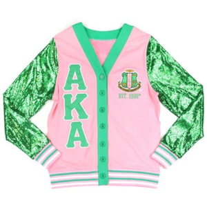 Custom Pink Green Varsity Cardigan <b>Jacket</b> Long Sleeve <b>Sequin</b> Design Button Front V Neck Ribbed Trim Fashion Teamwear Outerwear - Product Image 1