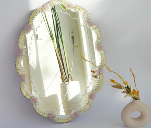 Espejo de Pared Grande de Cristal Italiano Murano Vintage con Flores Rosas, Espejo de Cristal Hecho a Mano de Mediados de Siglo - Product Image 3