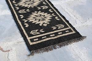 Tapis Kilim en laine et jute tissé à la main, écologique, antidérapant, noir ivoire, géométrique, tissage plat, pour salon, couloir - Product Image 2