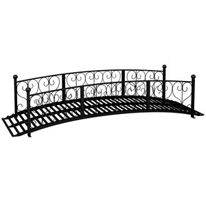 7-Piece Black Metal Arch Garden Bridge Footbridge with <b>Side</b> Railings and Decorative Scrollwork Ornament - Product Image 1