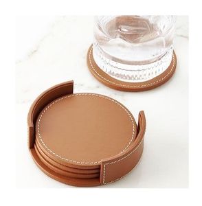 Round Leather <b>Coasters</b> Set With Non Slip Design For Table Mats Modern Style Brown And <b>Blue</b> Color table mat for dining Classic - Product Image 4