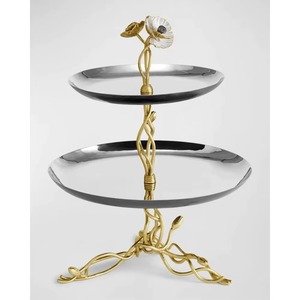 Glamorous Two Tier Round Metal Serving <b>Tray</b> With Plant Design Stand For <b>Party</b> Dessert Display Glam Style - Product Image 3
