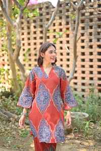 Conjunto de Kurta y Pantalón de Algodón para Fiesta, Conjunto Co-ord Azul Celeste y Rojo, Conjunto Co-ord de Algodón Estampado, Conjunto Co-ord Informal para Uso Diario, Conjunto de Algodón - Product Image 2