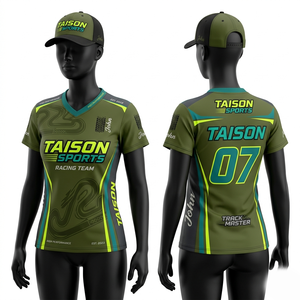 เสื้อแข่งคาร์ทติ้งพรีเมียม 180 GSM โพลีเอสเตอร์ ระบายอากาศได้ดี สีเขียวมะกอก แต่งแถบสีนีออน ซับเหงื่อ แห้งไว พิมพ์ลายแบบซับลิเมชั่น โลโก้สั่งทำได้ ทรงเข้ารูปสำหรับการแข่งขัน - Product Image 6