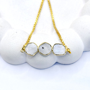 Raw Moonstone Gemstone Triple Stone <b>Bracelet</b> <b>Gold</b> Plated <b>Adjustable</b> Slider Handmade Dainty June Birthstone Jewelry Gift - Product Image 3