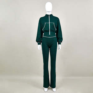 2026 Custom Logo Women's One <b>Set</b> Striped Tracksuit Contrast Piping Zip Crop Jacket High Waisted Flare Pants Sportswear Spring - Product Image 2