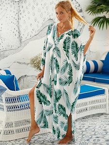Tropical Print V Neck Maxi Dress Loose Batwing Sleeve Chiffon Wrap Front Summer Beachwear Women's Boho Long Dress - Product Image 2