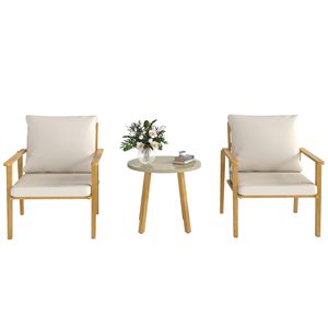 Set da Patio in Metallo Effetto Legno con Cuscini Bianco Crema, Set Bistrot da Esterno in 3 Pezzi con Sedie Larghe e Profonde - Product Image 1