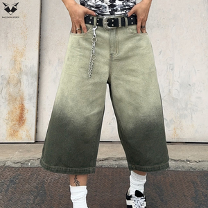 2026 Fashion Men's <b>Green</b> Gradient Wash <b>Denim</b> Jorts Vintage Loose Fit Wide Leg <b>Denim</b> <b>Shorts</b> Streetwear Custom Logo Cargo Jorts - Product Image 3