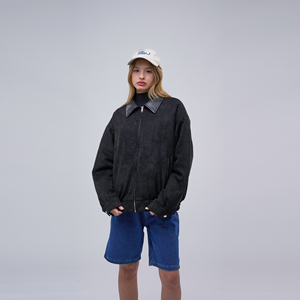 <span class=keywords><strong>Veste</strong></span> bomber noire en faux daim avec col en cuir pour <span class=keywords><strong>femme</strong></span>, style oversize, décontractée, zippée, type <span class=keywords><strong>Harrington</strong></span> - Product Image 1