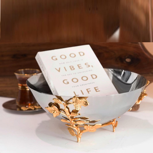 Bol rond poli brillant en acier inoxydable Branche feuillue Support en métal Couleur argentée et dorée Bol de table - Product Image 1