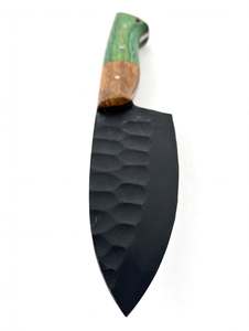 Couteau de chef artisanal en acier noir, manche en bois vert bicolore, outil de préparation culinaire - Product Image 4