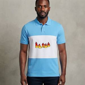 Men's Blue White Color Block Polo <b>Shirt</b> Short Sleeve Casual Cotton Pique Printed Logo Front - Product Image 1