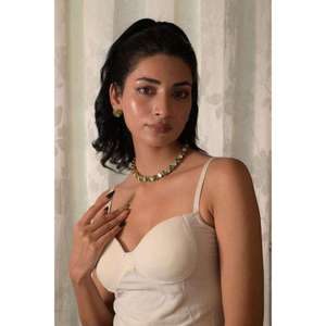 Traditional Indian Bridal Choker Necklace <b>Set</b> With Green <b>Crystal</b> Stones Crafted In Brass And Copper Alloy - Product Image 3