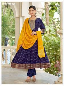 Collection de vêtements de festival, dernière collection, 14 kg, rayonne avec broderie de sequins, cordon, imprimé feuille d'aluminium, Anarkali Kurti-Pant, mode féminine - Product Image 5