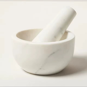 Bol à moudre en pierre blanche fait main avec broyeur pour ingrédients culinaires, assaisonnements, herbes, ail, usage traditionnel - Product Image 1