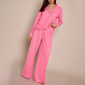Conjunto de Pijama de Satén para Mujer, Manga Larga, Largo Completo, Clásico, Color Rosa Sólido, Dos Piezas, Tejido Suave, Cierre de Botones, Cintura Media - Product Image 2