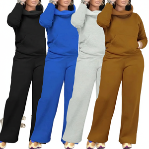 Conjunto de Dos Piezas de Sudadera de Invierno con Cuello Alto y Bolsillo Oculto, Diseño Sólido, Antibacteriano, Spandex/Algodón - Product Image 1