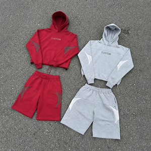 Custom Men’s solid Hoodie and Shorts Tracksuit <b>Set</b> Streetwear <b>Two</b> <b>Piece</b> Sweat Suit with Contrast <b>Mesh</b> Panels Adjustable Hem - Product Image 1