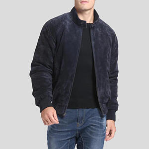 Blouson en daim bleu marine pour homme, col montant, style bomber, en daim de chèvre souple de luxe, coupe ajustée, vêtement d'extérieur décontracté - Product Image 2