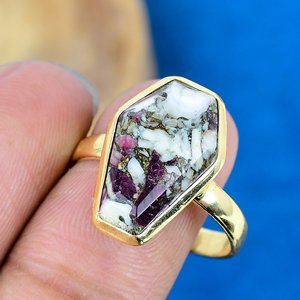 Natural Purple Spiny Turquoise Coffin Shape Gemstone 18k Gold Plated Bezel Handmade <b>Statement</b> <b>Ring</b> For Women - Product Image 3
