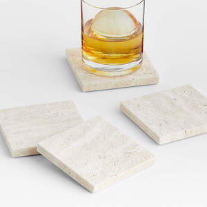 Honed Beige Travertine Square Stone <b>Coaster</b> Set | Premium Cream Limestone Coffee <b>Table</b> & Executive Desk Accessory - Product Image 4