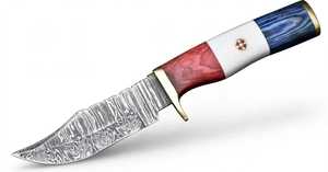 Couteau de camping extérieur personnalisé en acier Damas fait main, manche rouge, blanc et bleu, garde en laiton, pointe clip pointe. - Product Image 4