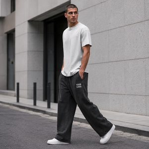 Pantalon de jogging ample pour homme, taille élastique avec cordon de serrage, en molleton de coton délavé, décontracté, avec logo personnalisé, respirant sur la jambe droite - Product Image 4