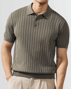 Polo en maille côtelée gris pour homme, manches courtes, boutonné, couleur unie, respirant, style Old Money, idéal pour l'été - Product Image 4