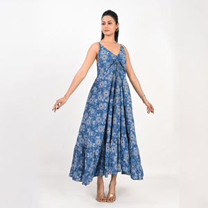 Indian Cotton <b>Boho</b> <b>Dress</b> Casual V-neck Ankle Length Open Back Eco-Friendly Breathable <b>Summer</b> Natural Waist Beach Wear - Product Image 1