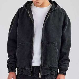 Veste à capuche en jean vintage noir avec poche avant, sweat à capuche oversize pour homme, veste décontractée zippée pour homme - Product Image 1