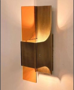 Brass Wall Sconce – Mid-Century Modern Lighting, Orange Plexiglass (2 G9 Sockets) Modern Copper Wall <b>Lamp</b> Amber Metal <b>Shade</b> - Product Image 4